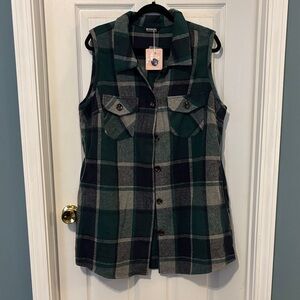 Bloomchic Green/Navy/Gray Plaid Flannel Vest Jacket